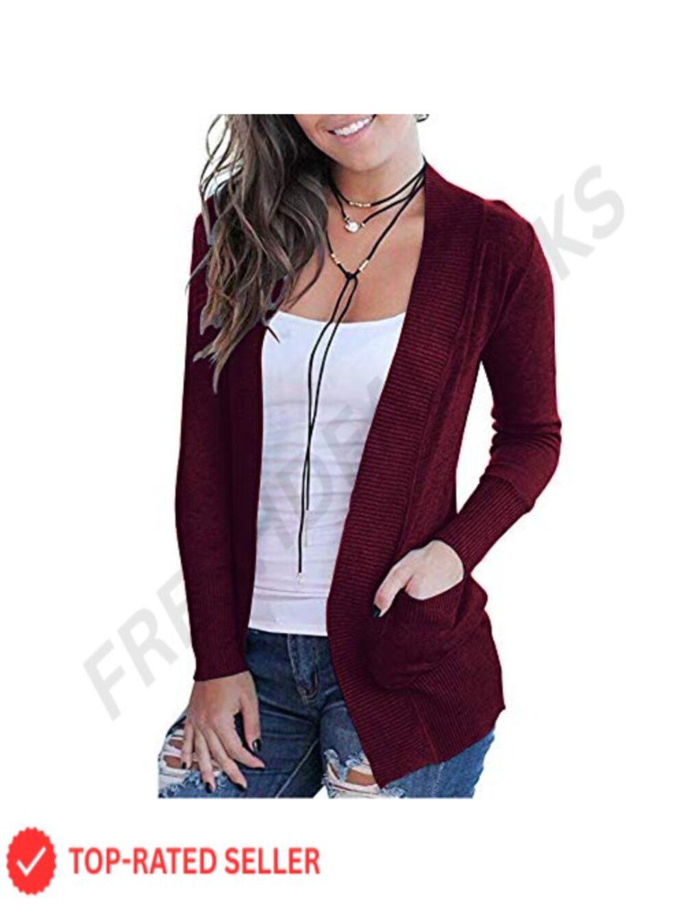 Women's Open Front Long Sleeve Cardigan with Pockets Ribbed Shawl Collar